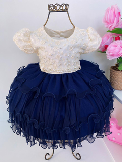 Vestido Infantil Bebê Festa Luxo Azul Marinho e Off White