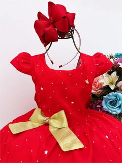 Vestido Infantil Festa Vermelho Floral Estrelas Laço Dourado Festa - comprar online