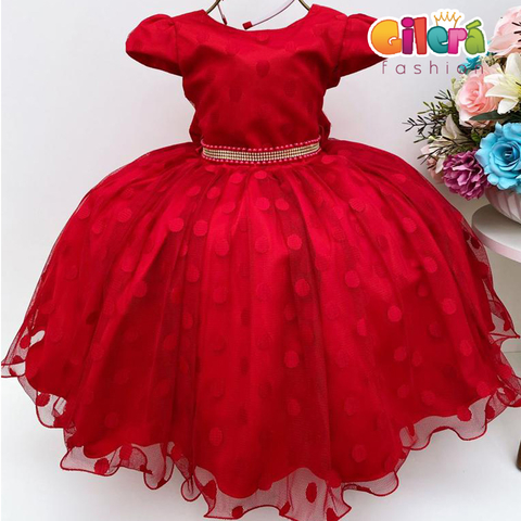Vestido Infantil Vermelho Bolinhas Cinto Strass com Pérolas