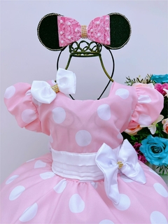 Vestido Infantil Minnie Rosa Bolinhas e Laço Branco - comprar online