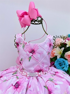 Vestido Infantil Rosa Floral Luxo Cinto Pérolas e Strass - comprar online