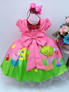 Vestido Infantil Festa Peppa Pig Rosa Chiclete Strass Luxo