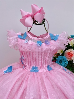 Vestido Infantil de Festa Rosa Aplique Borboletas Brilho Luxo - comprar online