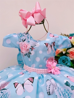Vestido Infantil Azul Florido Borboletas Com Pérolas - comprar online