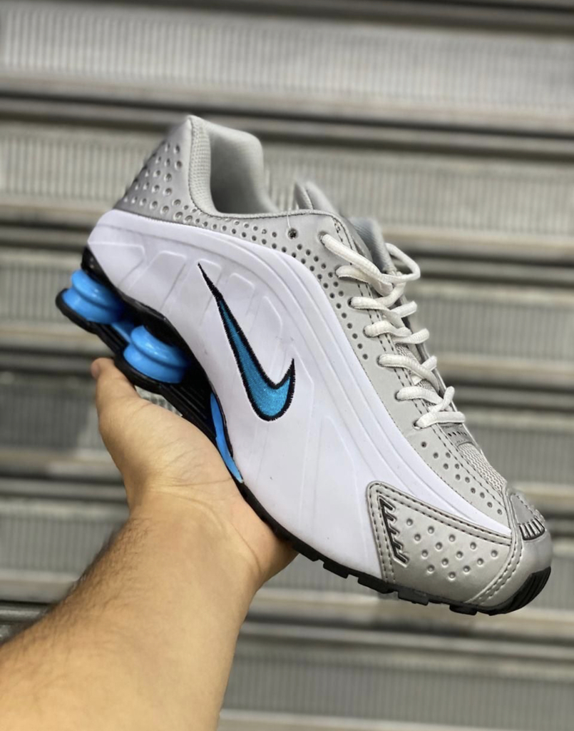 Nike Shox R4 • Branco/Prata/Azul - Gu Store
