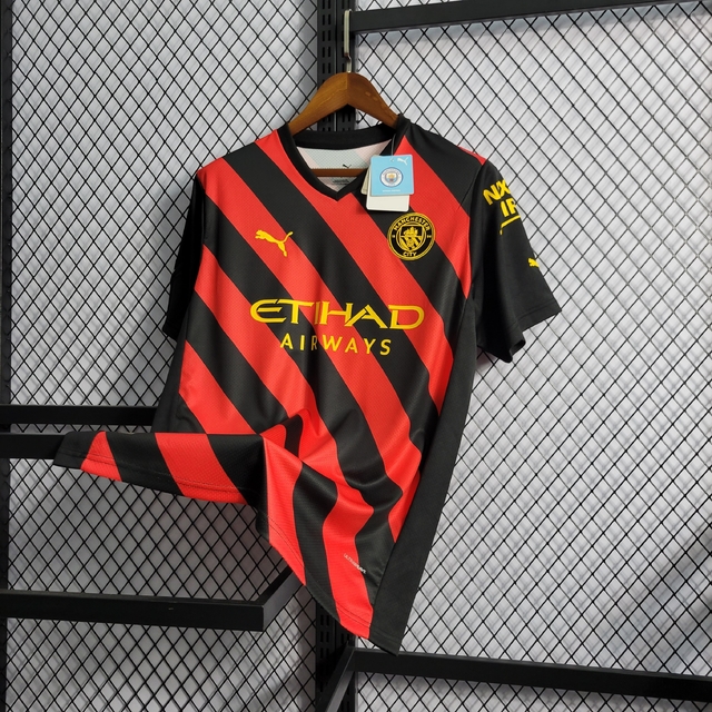 Camisa II Manchester City Preta/Vermelha Away 2022/2023 – Versão