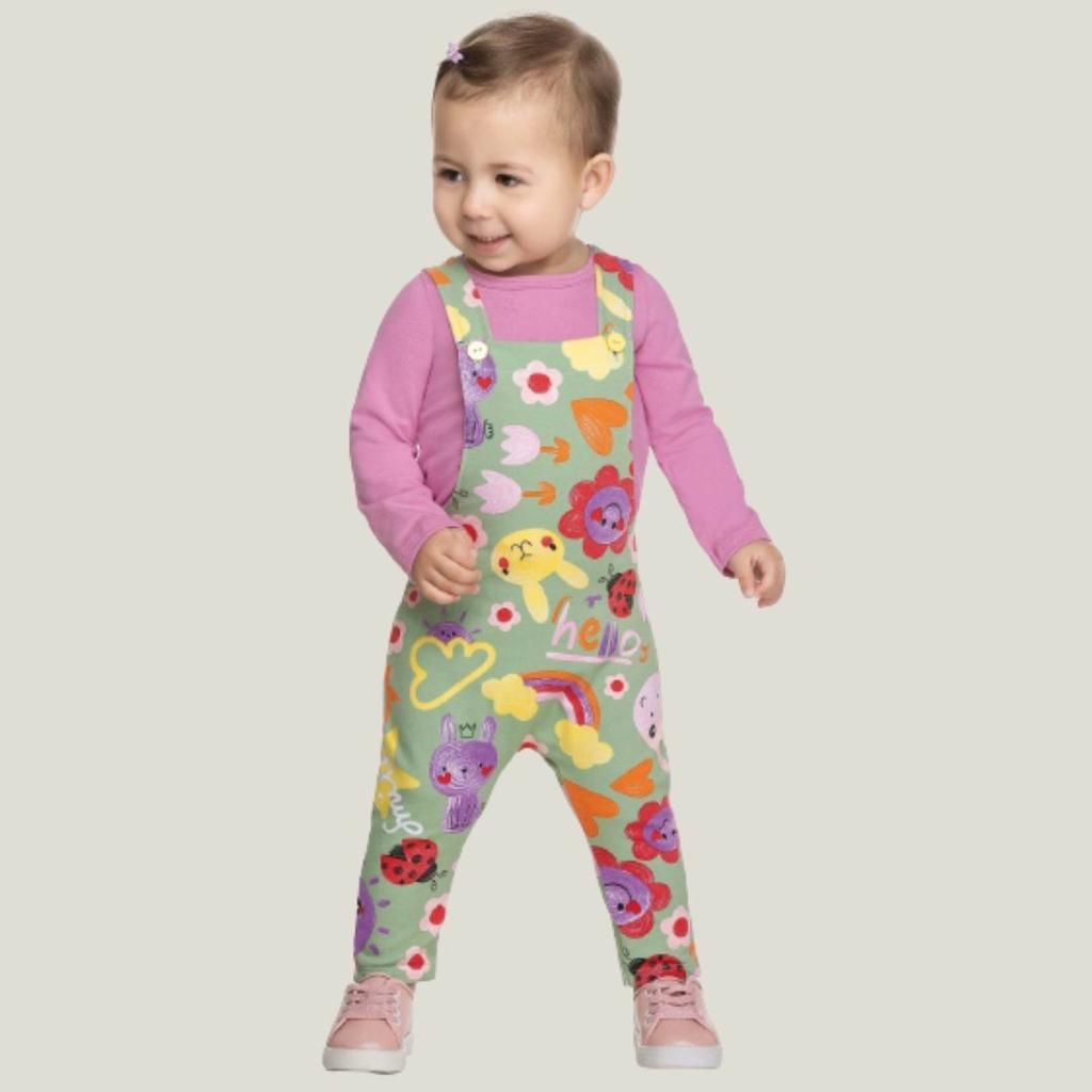 Conjunto Infantil menina blusa e Jardineira estampada em viscose