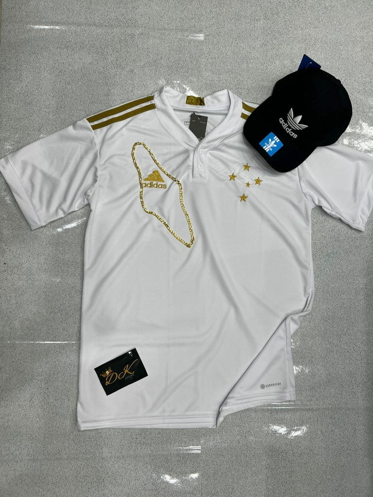 Kit- Camisa Cruzeiro Branca C/ Dourado Nova + Corrente+ Boné Adidas Preto
