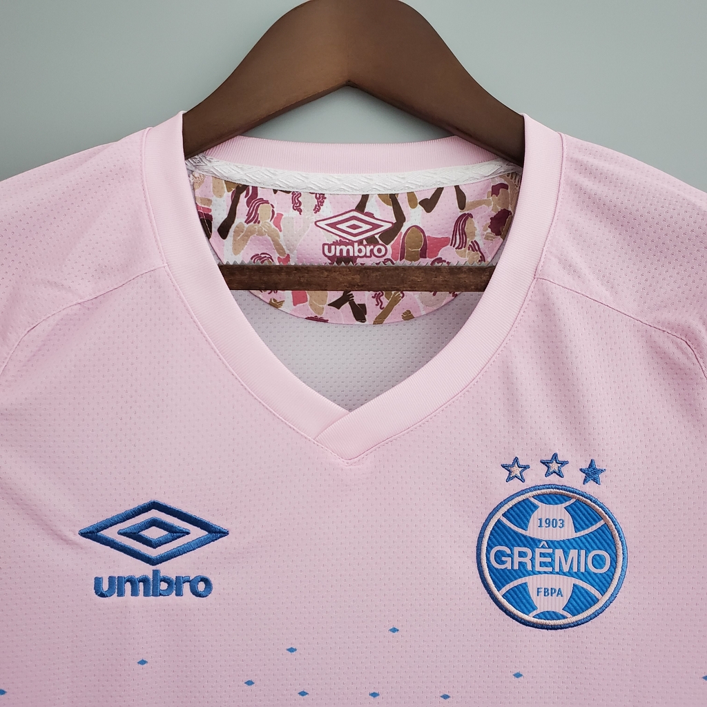 Camisa Grêmio Outubro Rosa 21/22 Torcedor Umbro Feminina - Rosa+Azul