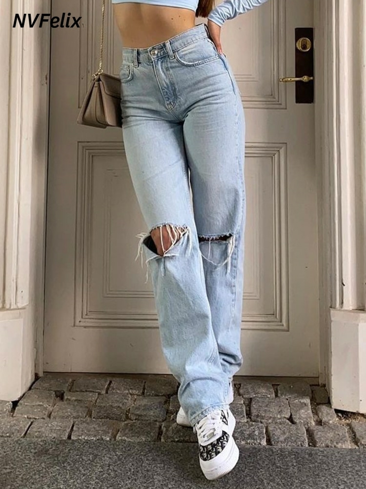 Calça jeans feminina folgada 2022 - Rasgada perna - Cintura alta