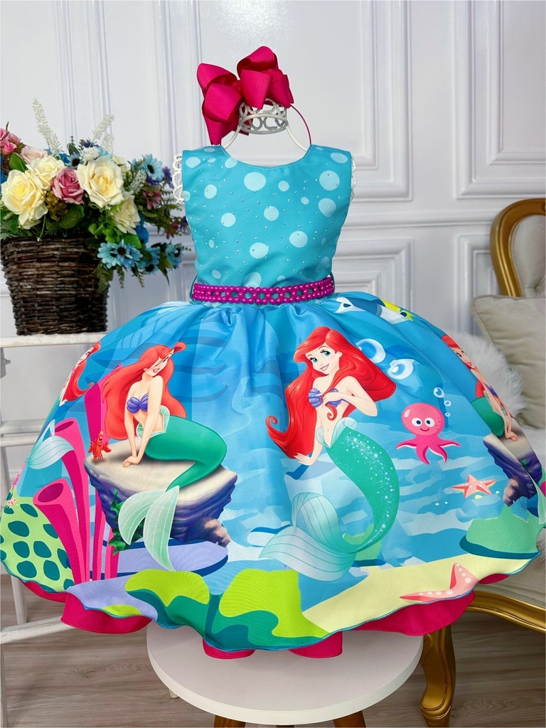 Vestido De Festa Luxo Infantil Ariel Pequena Sereia C/Tiara (1