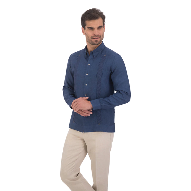 LONG SLEEVE GUAYABERA FOR MEN REGULAR FIT BLUE COLOR MOD. PEDIERNA