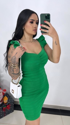 Vestido Tricot Bandagem com Alça Babado Verde
