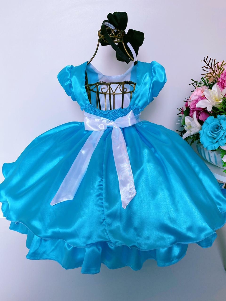 Vestido Infantil Azul Luxo Princesa Cinderela Frozen Alice