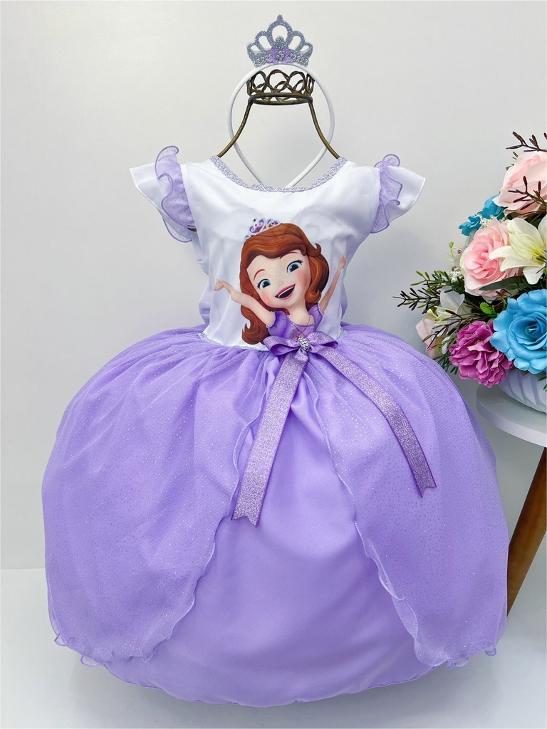 Vestido Infantil de Festa Lilás Luxo Princesa Sofia