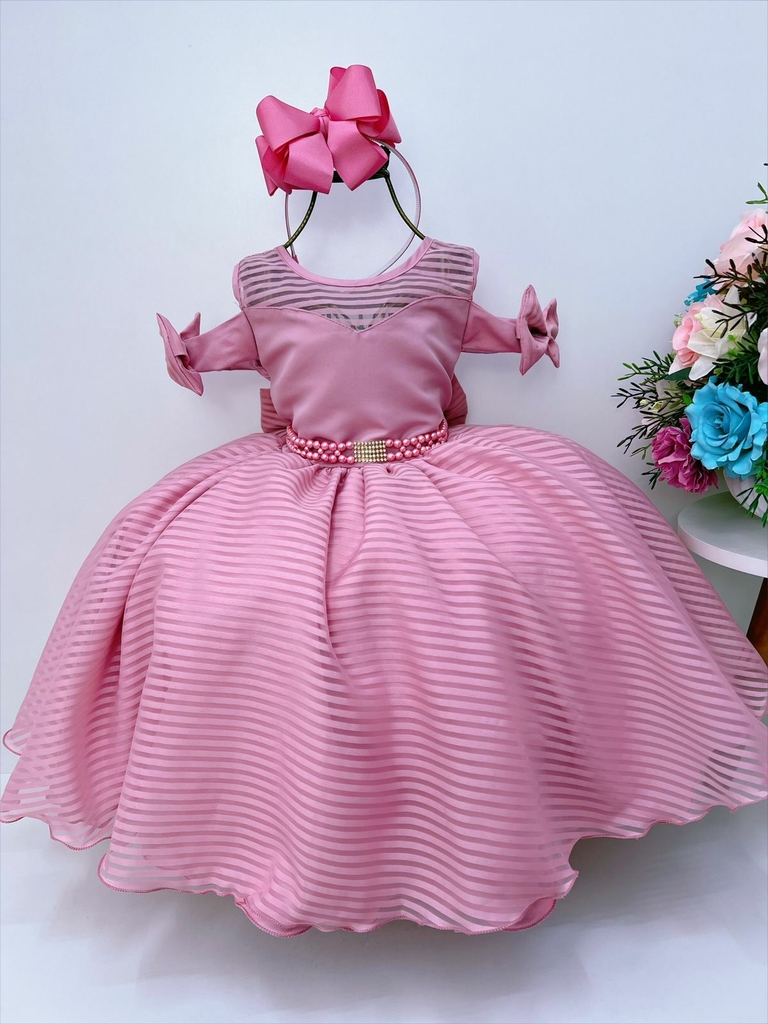 Vestido Infantil Azul C/ Renda Cinto Pérolas Strass Princesa