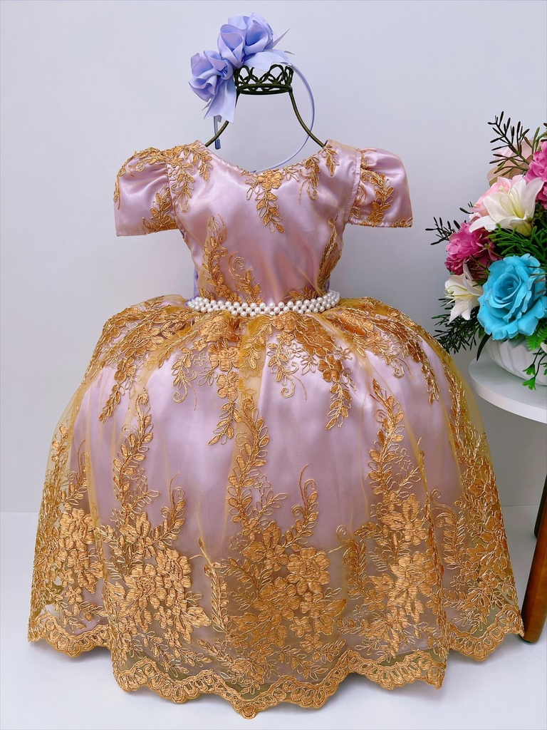 VESTIDO INFANTIL REALEZA LILÁS RENDA PÉROLAS PRINCESA LUXO