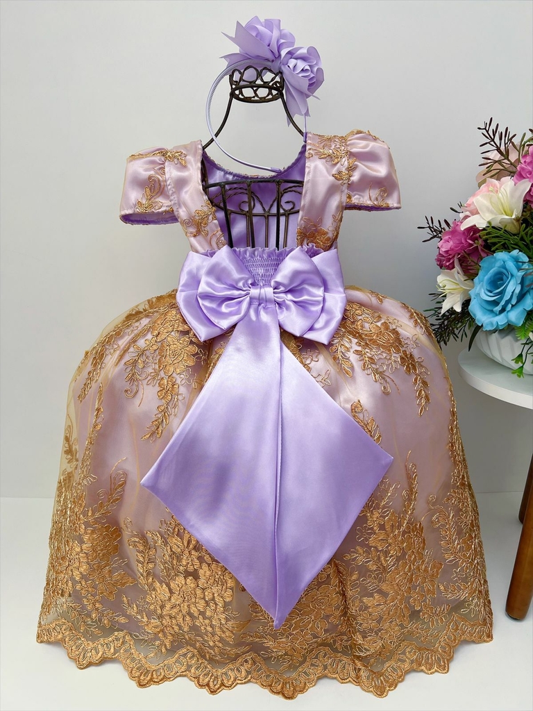 VESTIDO INFANTIL REALEZA LILÁS RENDA PÉROLAS PRINCESA LUXO