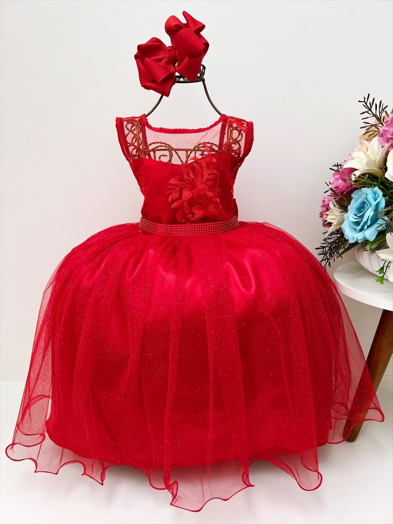 Vestido Infantil Vermelho Renda Princesas Realeza Luxo Festa