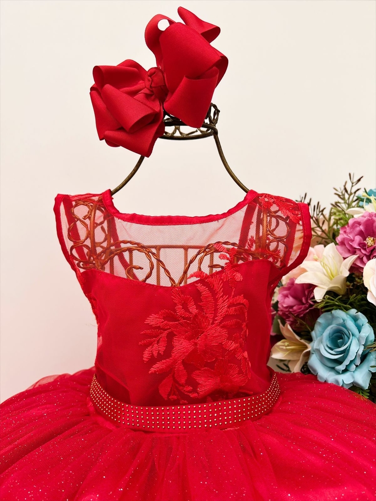 Vestido Infantil Vermelho Renda Festas Luxo Princesas - Rosa