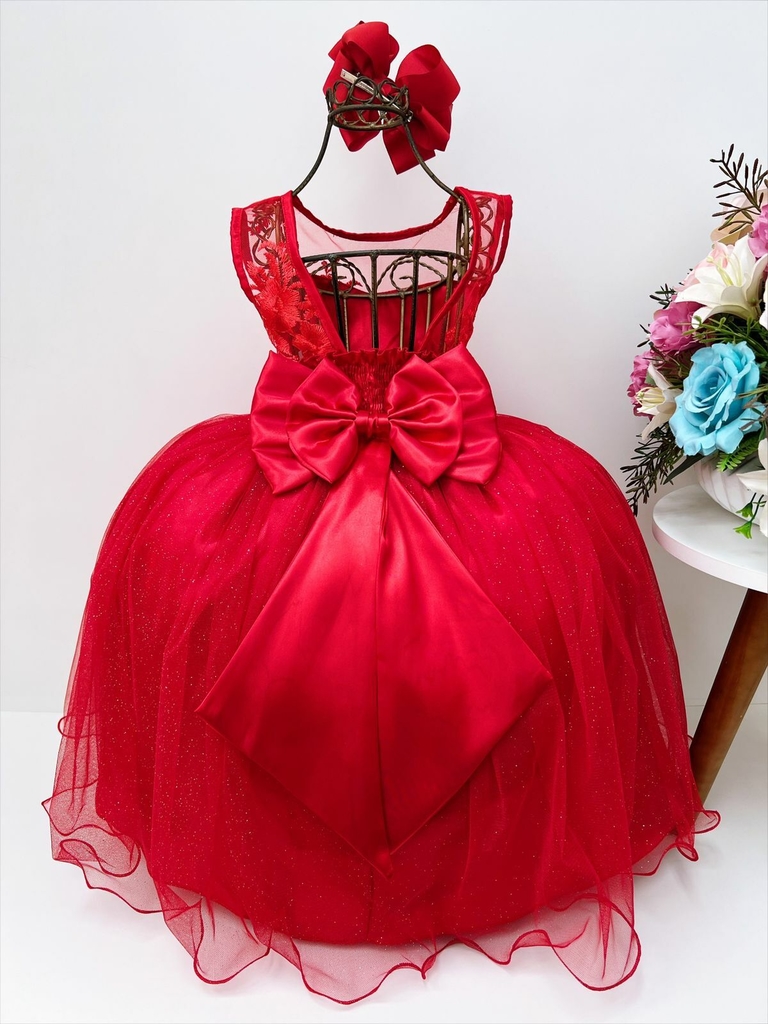 Vestido Infantil de Festa Vermelho Princesa com Renda Gliter e
