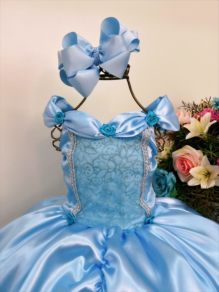 Vestido Infantil Cinderela Azul Brilho Festas Princesa