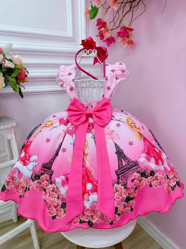 Vestido Infantil Princesa Barbie Rosa Chiclete Com Cinto