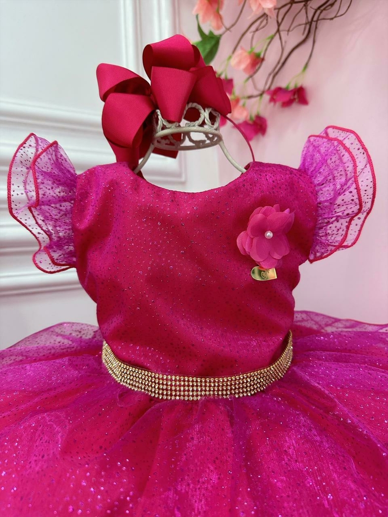 Vestido Infantil Barbie Busto Paetê Pink e Broche de Lacinho