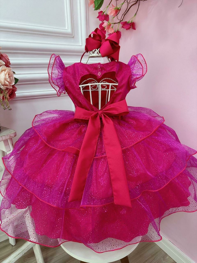 Vestido Infantil Princesa Barbie Rosa Chiclete Com Cinto