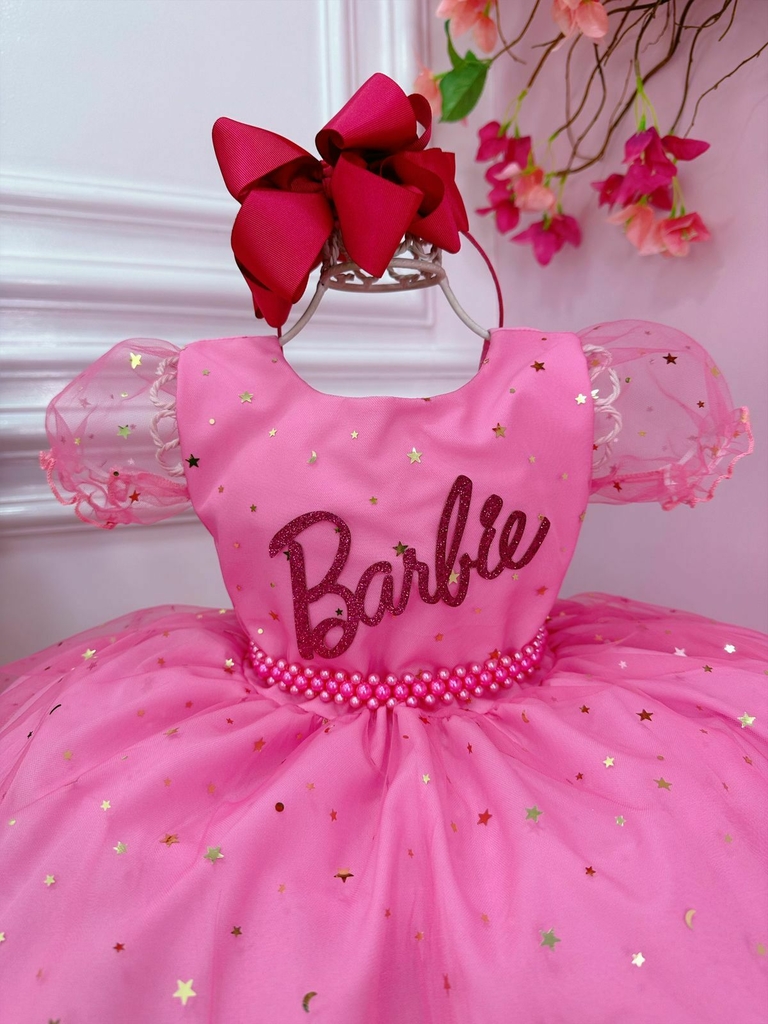 Vestido Infantil Princesa Barbie Com Laço e Glitter - Rosa