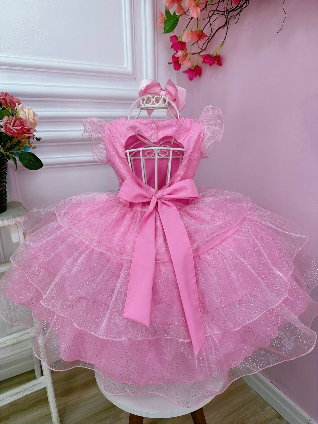 Vestido Infantil Princesa Barbie Com Laço e Glitter - Rosa