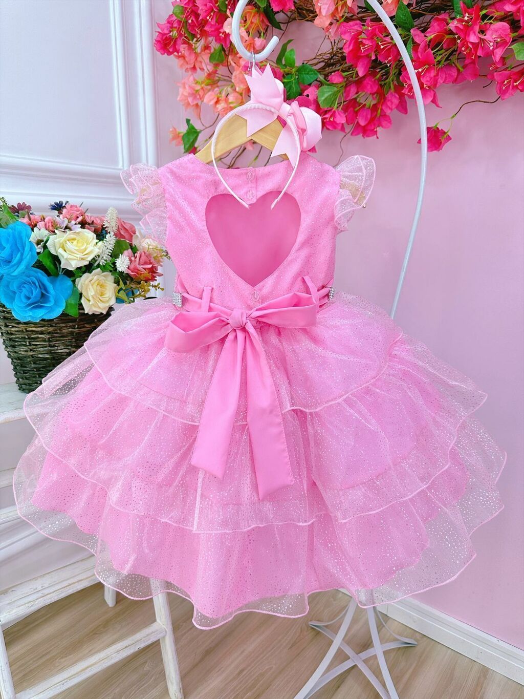 Vestido Infantil Princesa Barbie Com Laço e Glitter