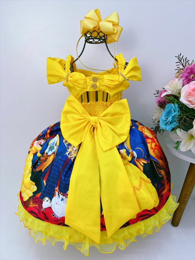 VESTIDO INFANTIL PRINCESA BELA E A FERA AMARELO C/ PÉROLAS