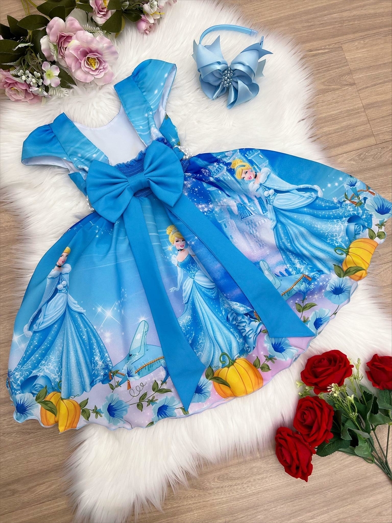 Vestido festa infantil da Cinderela azul com detalhes amarelo