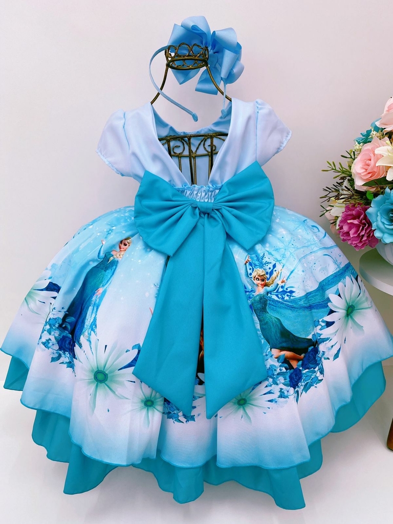 Vestido Infantil Frozen Azul C/ Cinto Pérolas Luxo Princesas