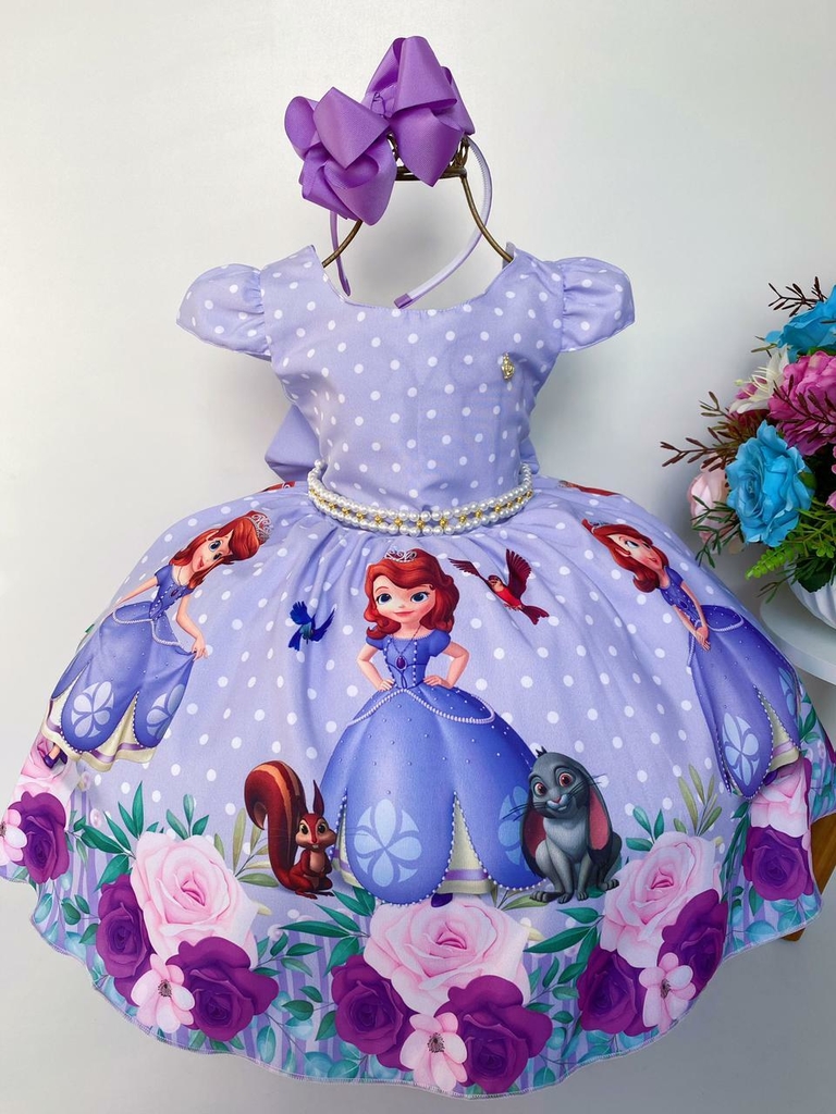 FANTASIA VESTIDO LILAS LONGO RENDA PRINCESINHA SOFIA LUXO