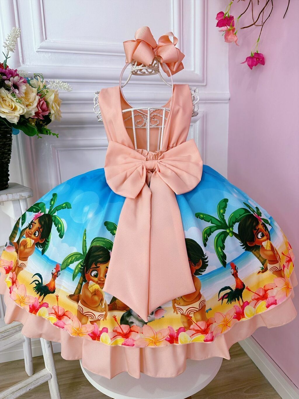 Vestido Infantil Moana Baby Pêssego Luxo Festa - Rosa Charmosa Atacado