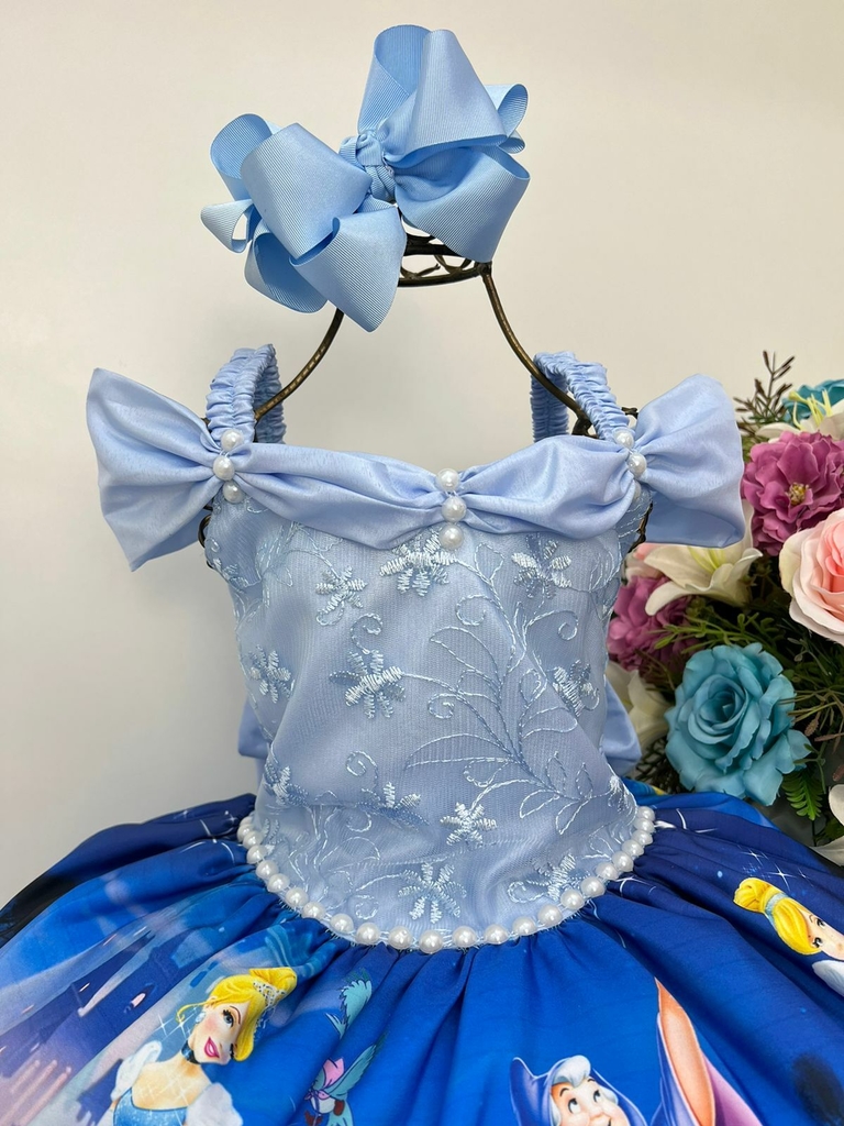 Vestido Infantil Cinderela Renda com Peitoral Bordado Azul de Festa  Aniversário Luxo