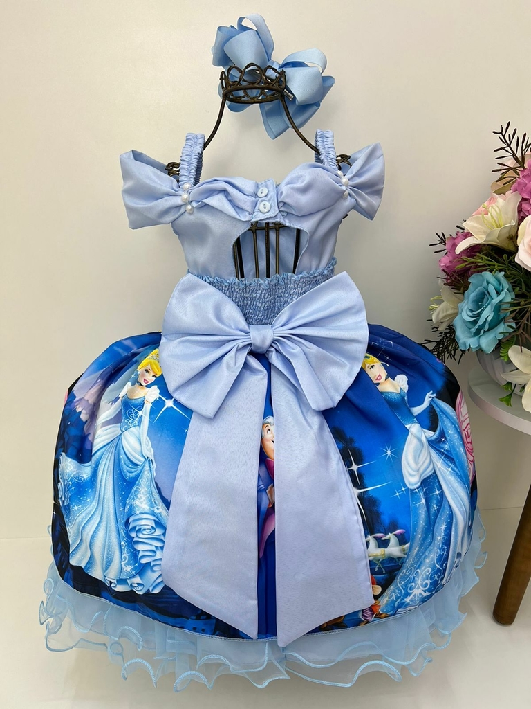 VESTIDO INFANTIL PRINCESA CINDERELA AZUL C/ RENDA LUXO FESTA