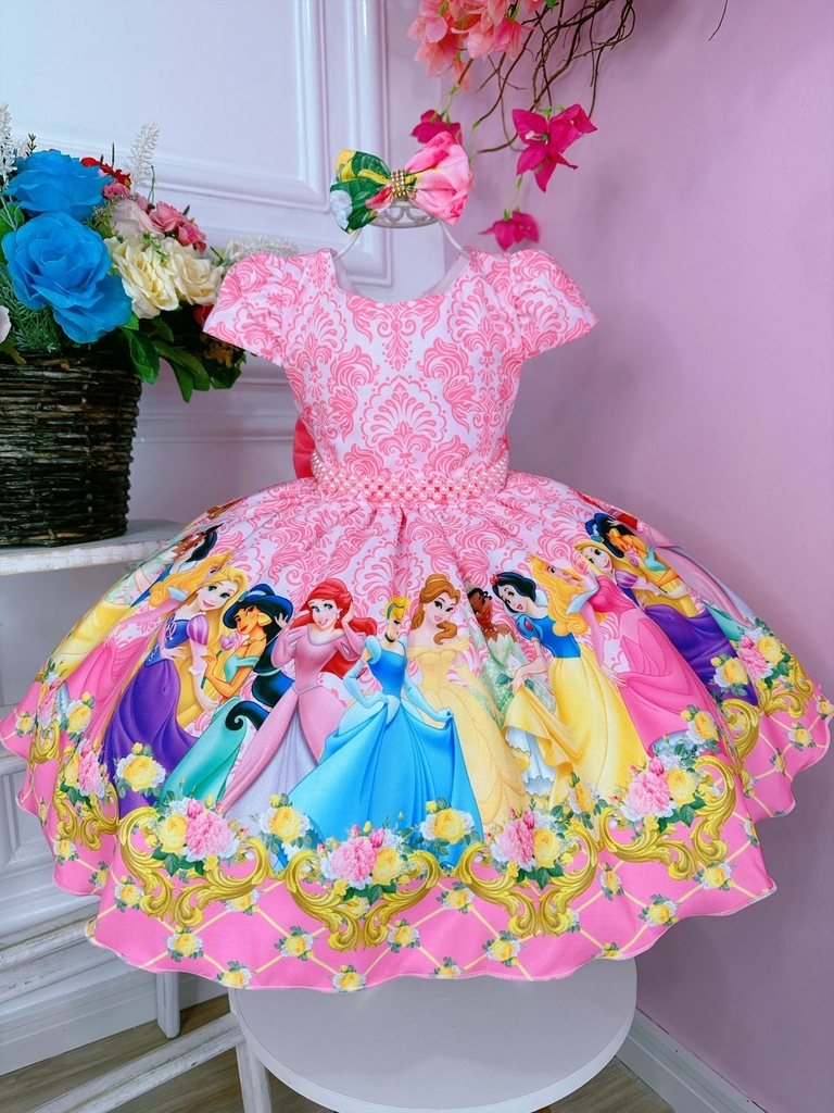 VESTIDO INFANTIL PRINCESA BELA E A FERA AMARELO C/ PÉROLAS