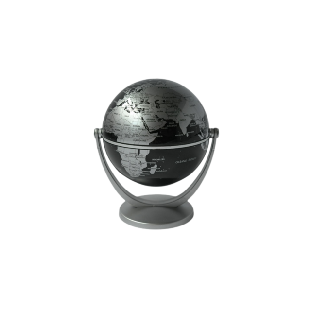 GLOBO TERRAQUEO NEGRO CON PLATA BASE CROMADA 14CM. ESTUDIANTES GLOBOS