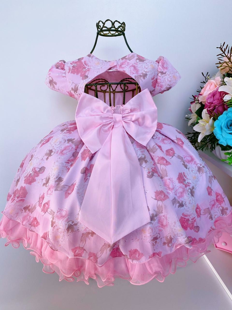 VESTIDO INFANTIL ROSA FLORAL PRINCESA LUXO FESTA ANIVERSÁRIO