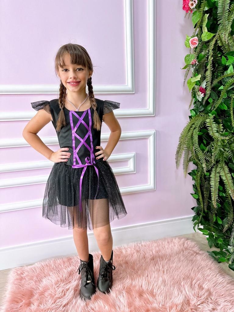 Fantasia Wandinha Infantil de Luxo com brilhos para Halloween