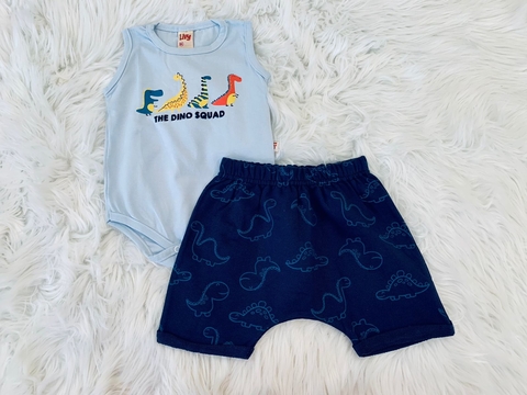 Conjunto Bebê Menino Body e Saruel Dino Azul/Mescla Livy Malhas