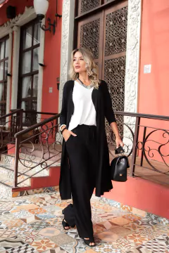 Conjunto Cardigan Pantalona Preto - Regata Branco