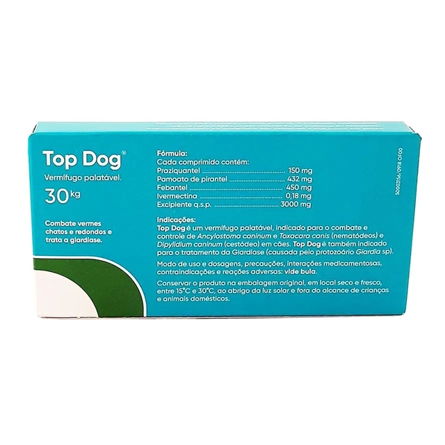 Vermífugo Top Dog Para Cães 30kg Ourofino 2 Compr. Palatável