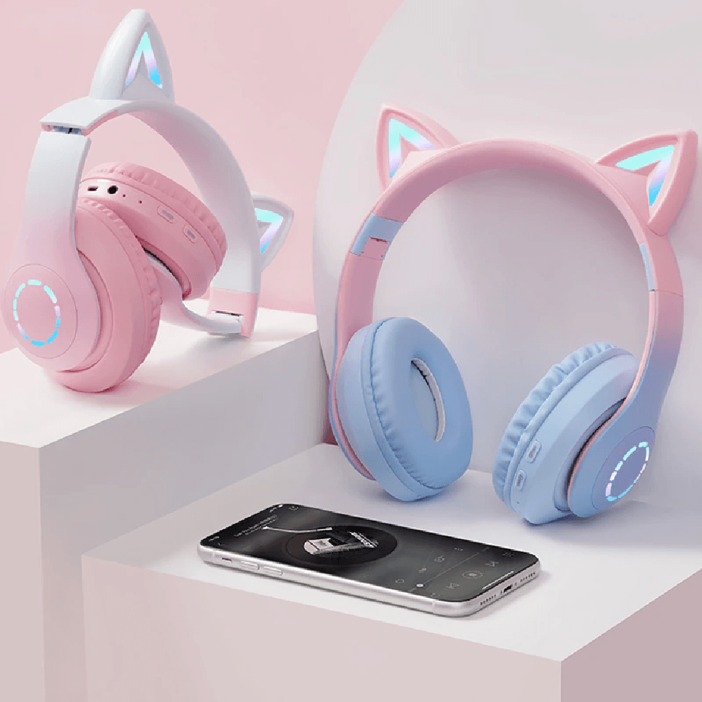 Fone Bluetooth de Gatinho Rosa Claro com Iluminação LED