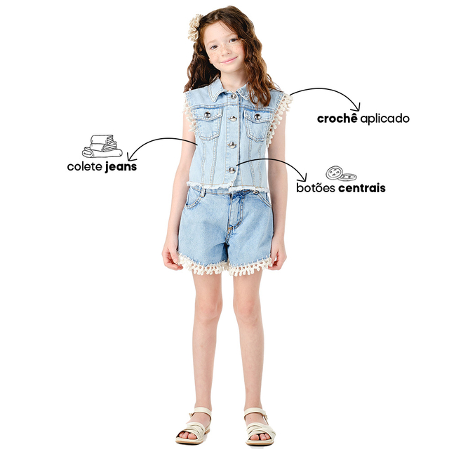 Colete Feminino Infantil Jeans Acabamentos Em Crochê Na Cava