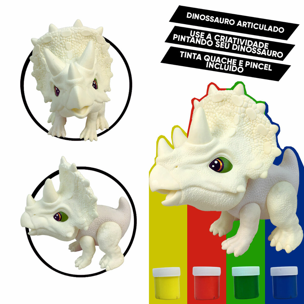 Brinquedo Dinossauro Rex Attack Branco Para Colorir + Pincel + 6 Tintas