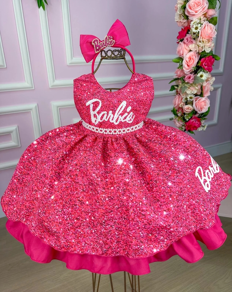 Vestido infantil Barbie Pink Babados Glitter Brilho luxo